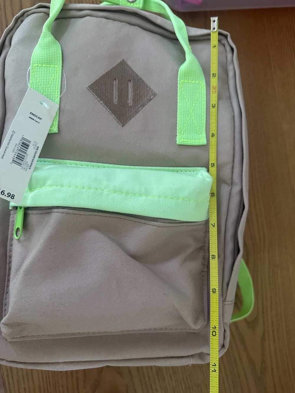 No Boundaries Mini Square Backpack Tan with Neon Green Straps - Picture 3 of 3